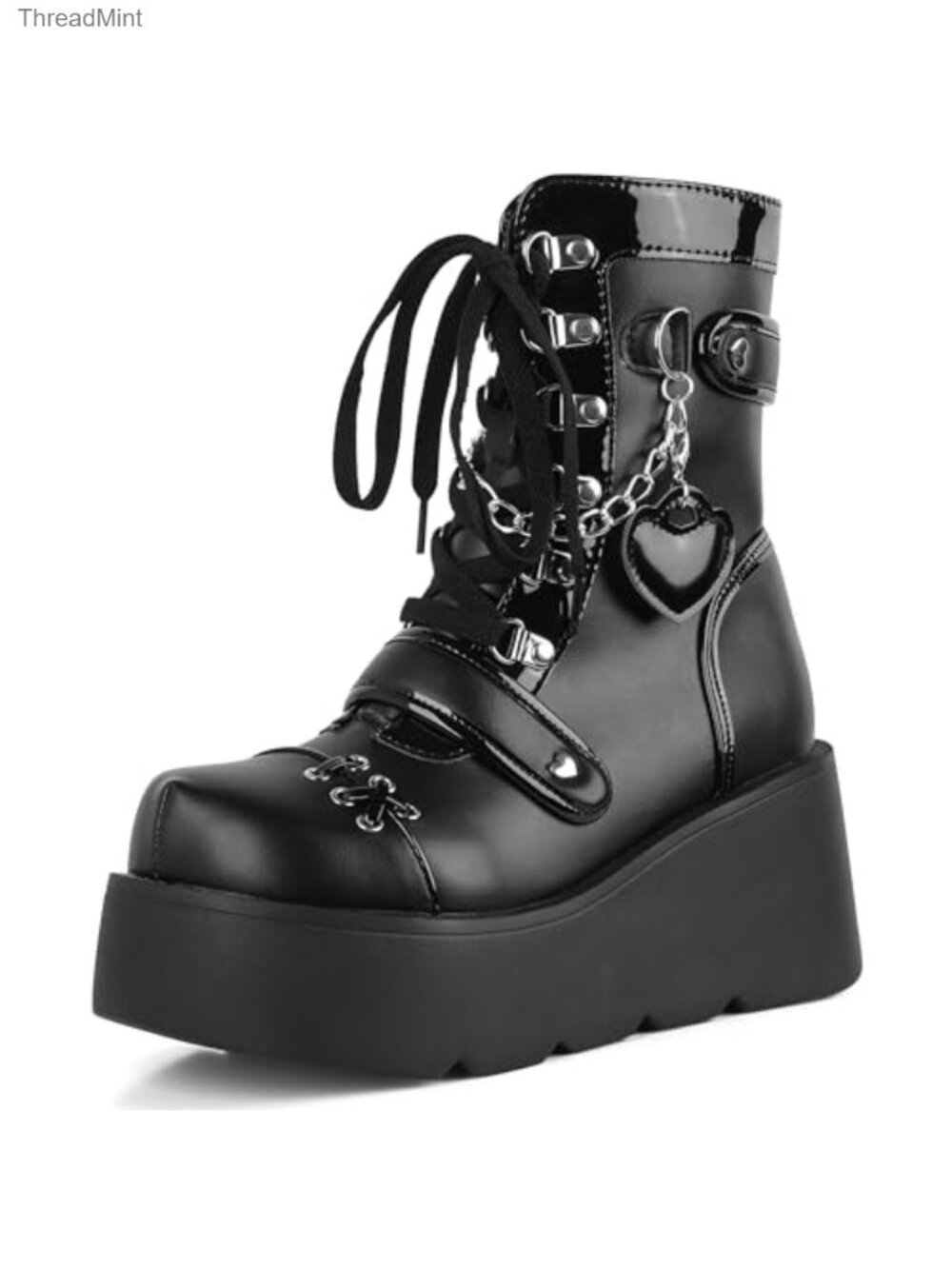 Goth Platform Ankle Boots Round Toe Lace Up Zip Chunky Heel Faux Leather